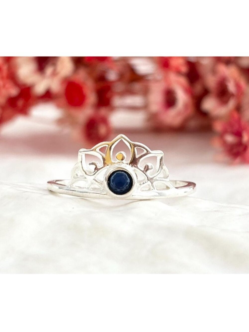 Lotus Openwork Crown Blue Sapphire Sterling Silver 925 Vintage Ring - sz 8